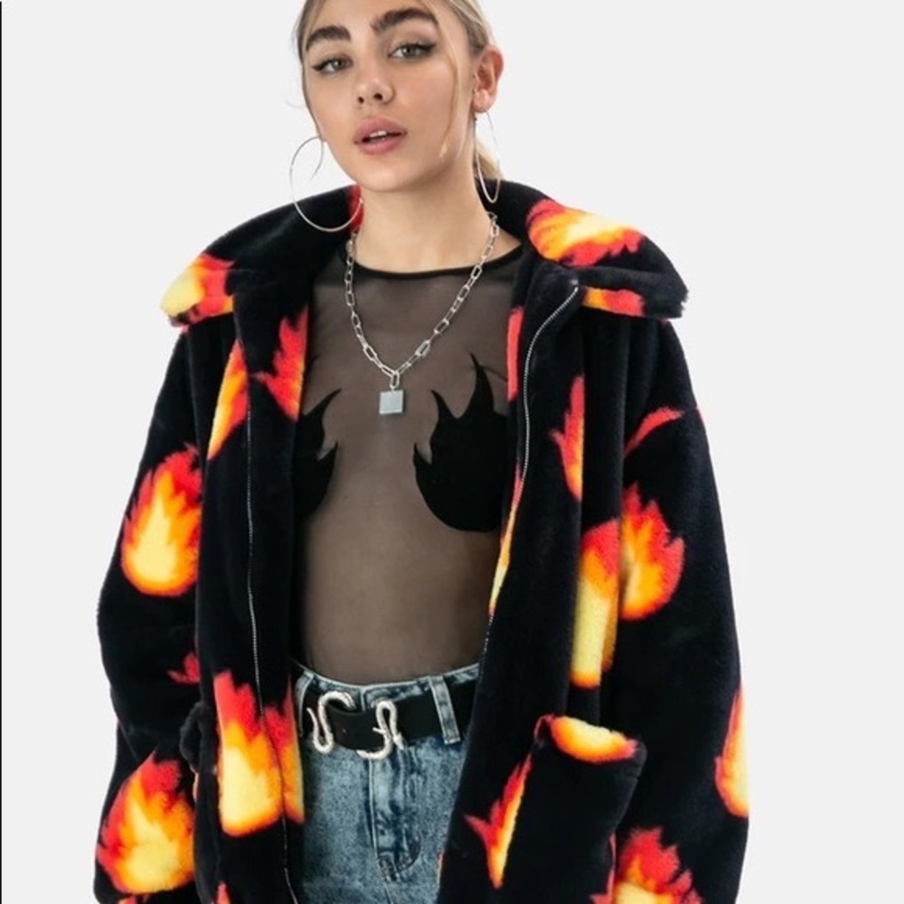 NWOT Adika Fuzzy Flame Faux Fur Coat Jacket Yellow Orange Black - NEVER Worn!